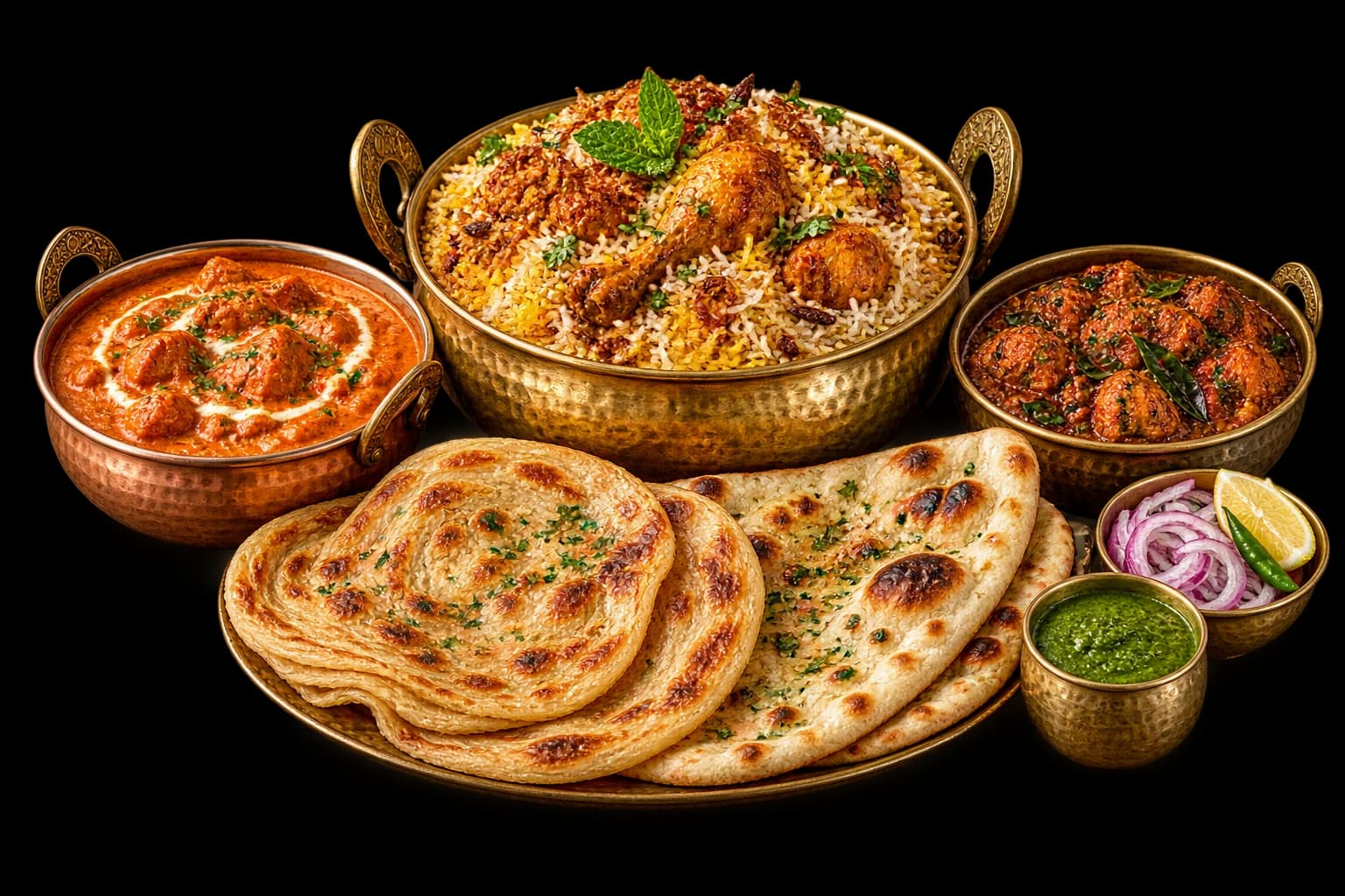 A Pangat feast of biryani, curries and fresh breads